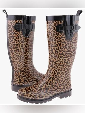 Capelli New York Ladies Shiny Leopard Print Tall Rain Boot Adjustable Calf 6